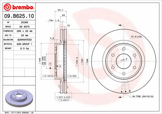 Тормозной диск вентилируемый, 1 шт. Brembo 09.B625.10