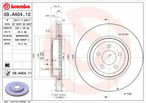 Тормозной диск вентилируемый, 1 шт. Brembo 09.A404.11