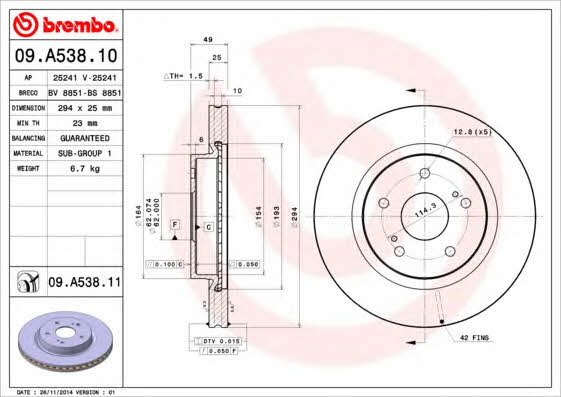 Тормозной диск вентилируемый, 1 шт. Brembo 09.A538.11