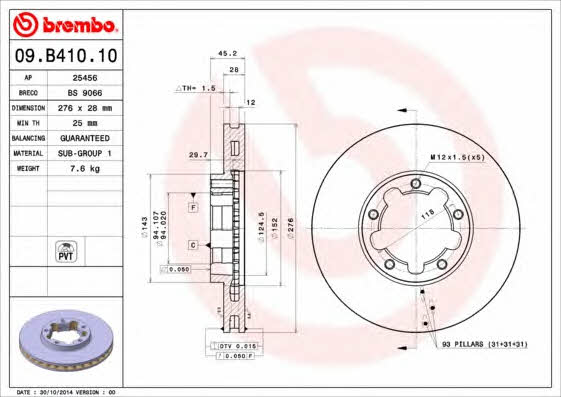 Тормозной диск вентилируемый, 1 шт. Brembo 09.B410.10