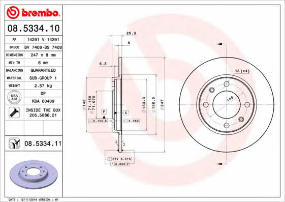 Тормозной диск задний невентилируемый Brembo 08.5334.11