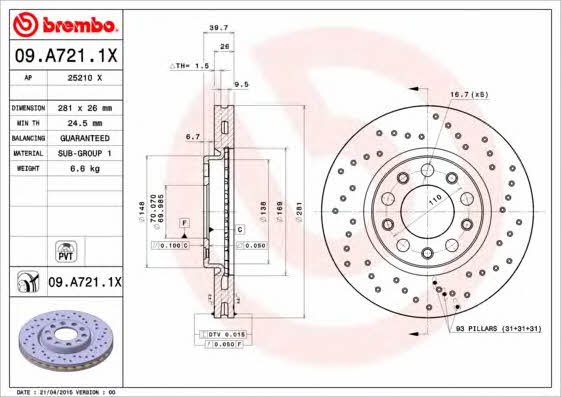 Тормозной диск вентилируемый с перфорацией Brembo 09.A721.1X