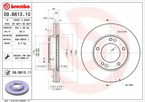 Тормозной диск вентилируемый, 1 шт. Brembo 09.B613.11