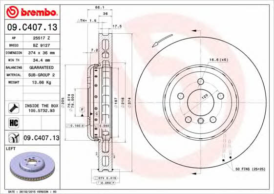 Тормозной диск вентилируемый, 1 шт. Brembo 09.C407.13