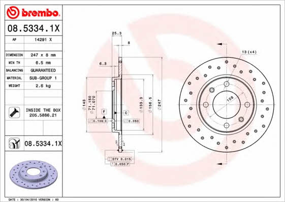 Диск гальмівний невентильований Brembo 08.5334.1X