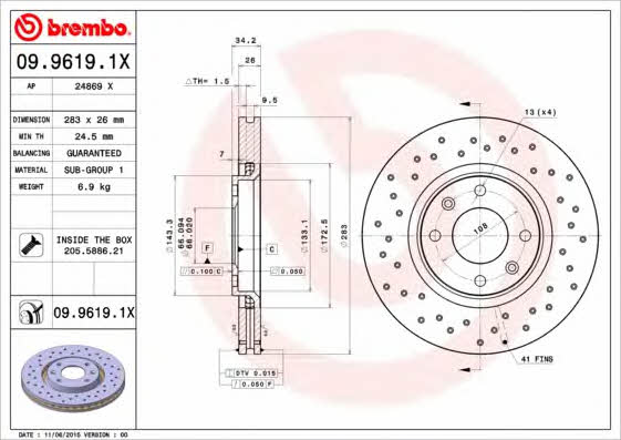 Тормозной диск вентилируемый с перфорацией Brembo 09.9619.1X