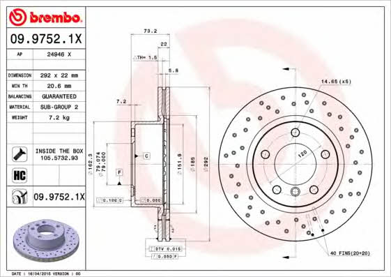 Тормозной диск вентилируемый с перфорацией Brembo 09.9752.1X