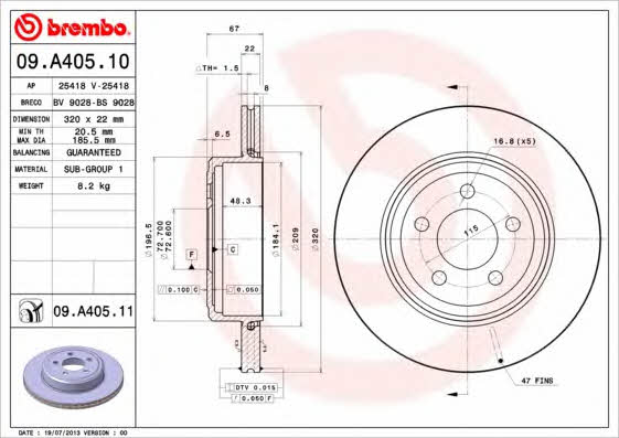 Тормозной диск задний вентилируемый Brembo 09.A405.11