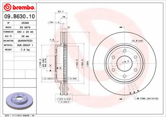Тормозной диск вентилируемый, 1 шт. Brembo 09.B630.10