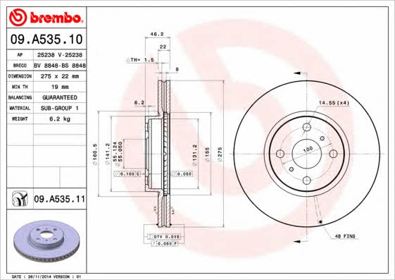 Тормозной диск вентилируемый, 1 шт. Brembo 09.A535.11