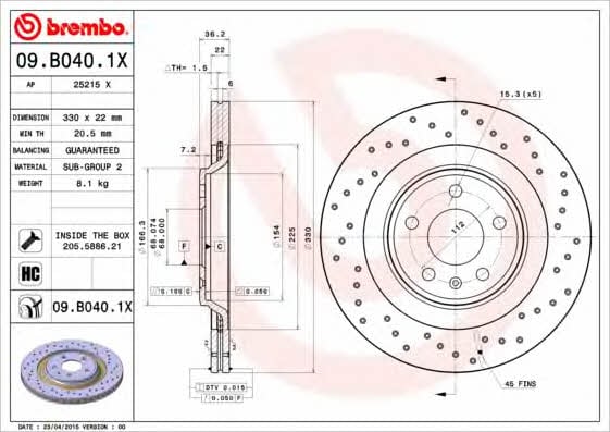 Тормозной диск задний вентилируемый Brembo 09.B040.1X