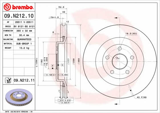 Тормозной диск вентилируемый, 1 шт. Brembo 09.N212.11