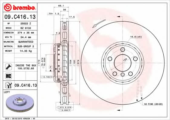 Тормозной диск вентилируемый, 1 шт. Brembo 09.C416.13