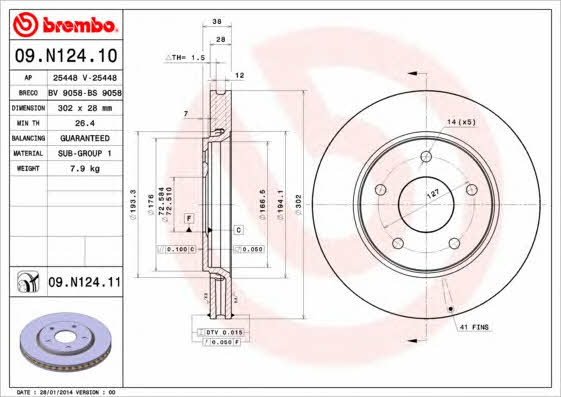 Тормозной диск вентилируемый, 1 шт. Brembo 09.N124.11