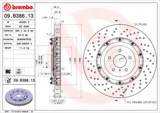Тормозной диск вентилируемый с перфорацией Brembo 09.B386.13