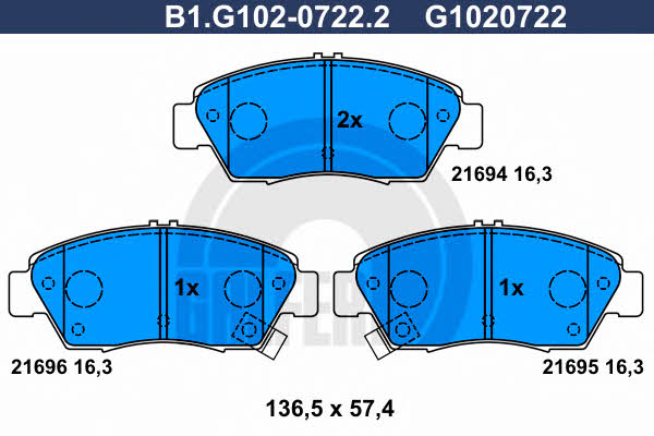 Galfer B1.G102-0722.2 Гальмівні колодки, комплект B1G10207222: Приваблива ціна - Купити в Україні на EXIST.UA!