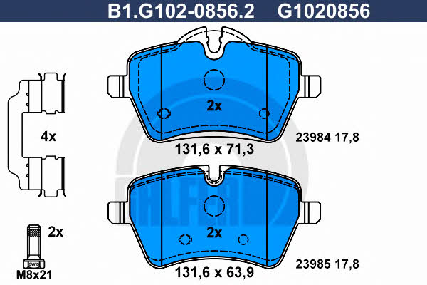 Galfer B1.G102-0856.2 Гальмівні колодки, комплект B1G10208562: Купити в Україні - Добра ціна на EXIST.UA!