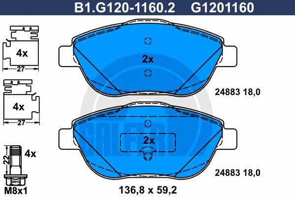 Galfer B1.G120-1160.2 Гальмівні колодки, комплект B1G12011602: Приваблива ціна - Купити в Україні на EXIST.UA!