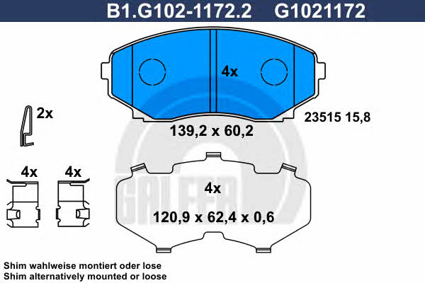 Galfer B1.G102-1172.2 Гальмівні колодки, комплект B1G10211722: Купити в Україні - Добра ціна на EXIST.UA!