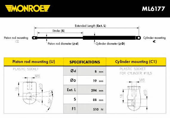 Monroe ML6177 Пружина газова капоту ML6177: Купити в Україні - Добра ціна на EXIST.UA!