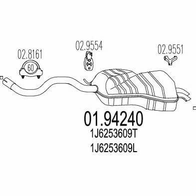 Глушитель выхлопных газов Volkswagen New Beetle (Фольксваген Нью Битл): 0194240 Mts Глушитель, задняя часть
