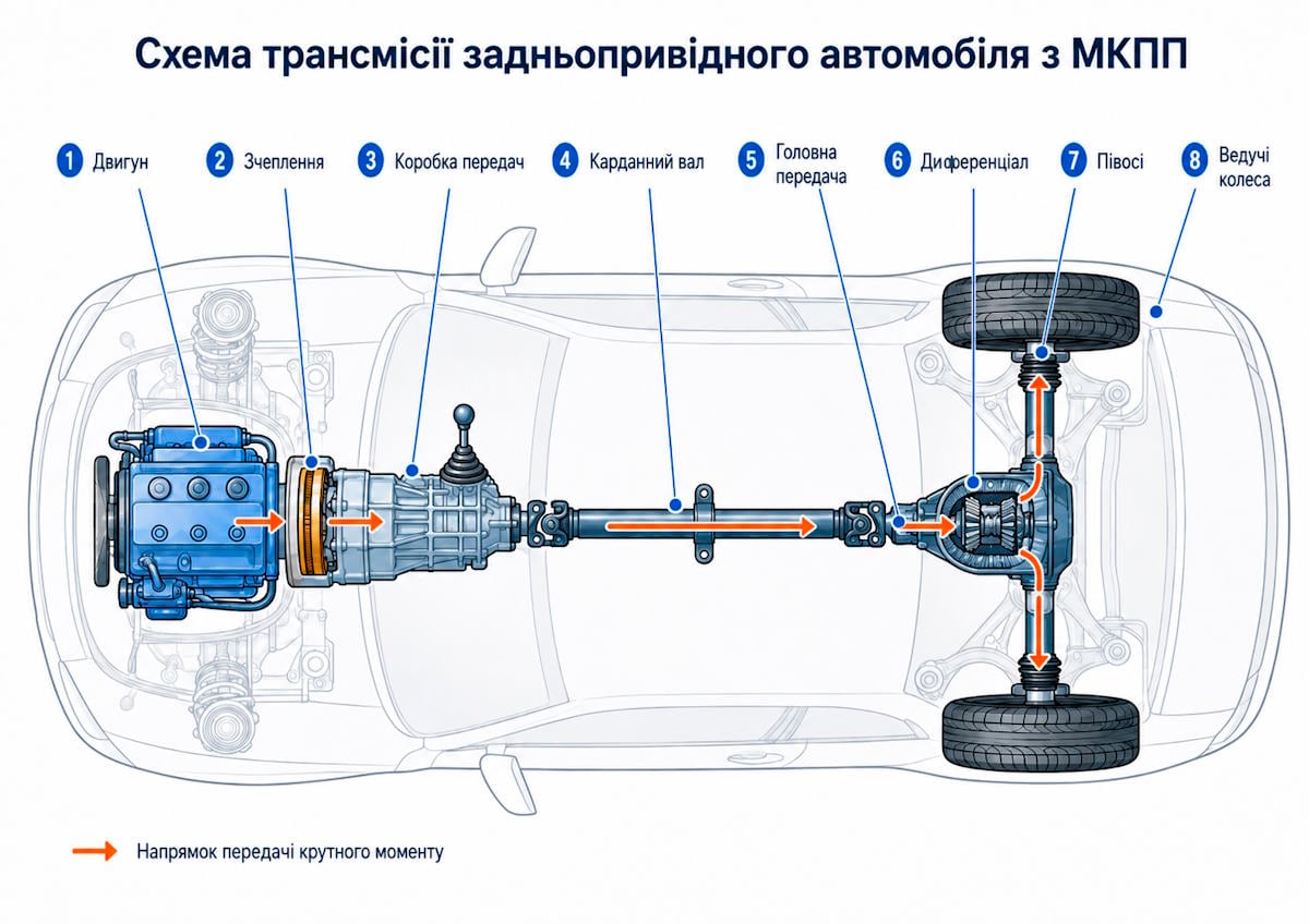 Схема трансмісії задньопривідного автомобіля з МКПП