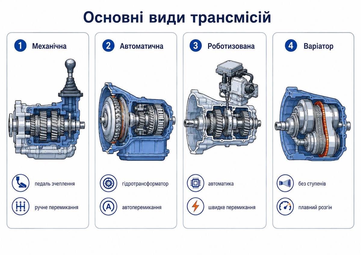 Механічна, автоматична, роботизована трансмісія та варіатор