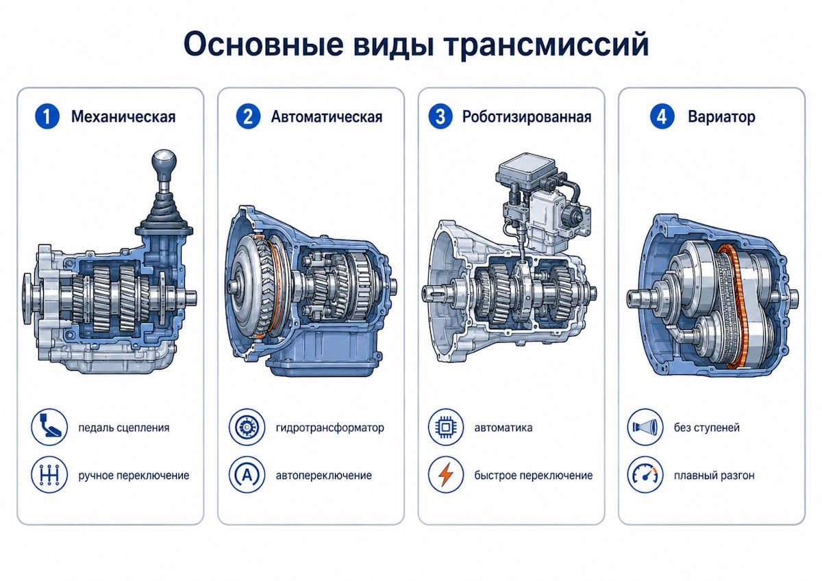 Механическая, автоматическая, роботизированная трансмиссия и вариатор